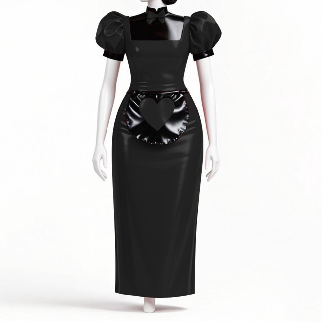 Japanese Anime Sweet Lolita Maid Dress Outfits Mens Womens Waitress Maid Uniforms Wetlook PVC Leather Long Cosplay Dress Sets