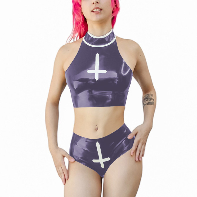 Fetish Unisex Halter Backless Faux Latex Crop Top Club Costume Sexy Cosplay Nurse Set Cross Dressing PVC Sexy Briefs Exotic Sets