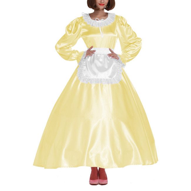 French Sissy Long Maid Dress Crossdress Lace Frill Maxi Maid Uniforms Party Round Neck Satin Dress with Apron Cosplay Costume