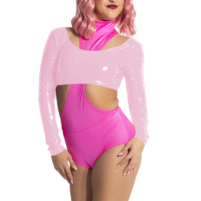 Women Scoop Neck Open Back Short Top for Raves Party Costumes Long Sleeve Vinyl Backless Top Sexy Shiny PVC Leather Crop Tee