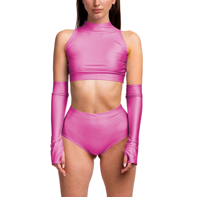 Summer 3 Piece Set Women Sexy Club Sleeveless Bodycon Crop Top PU Leather Low Waist Sexy Panties Stage Apparel Exotic Sets 7XL