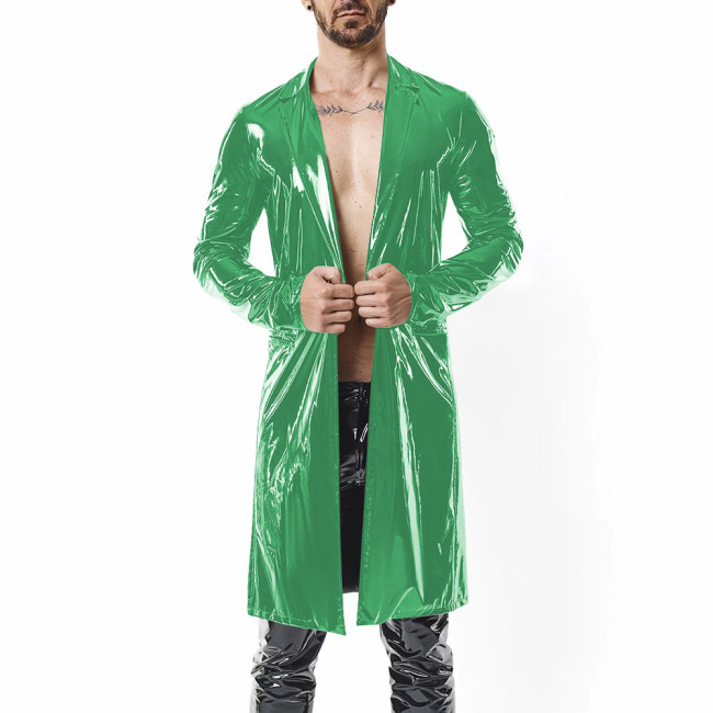 Mens Retro Midi Vinyl Trench Jackets Steampunk Glossy PVC Leather Long Sleeve Overcoat Male Nightclub Lapel Collar Trench Coat