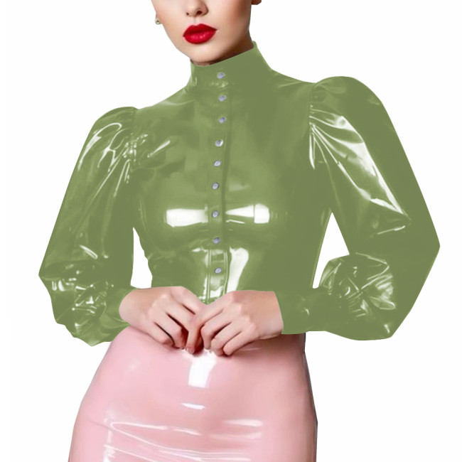 Women High Neck PVC Shiny Leather Shirts Single Breasted Solid Color Slim High Street T-shirts Puff Long Sleeve Female Blouse