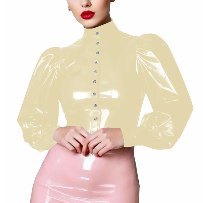 Women High Neck PVC Shiny Leather Shirts Single Breasted Solid Color Slim High Street T-shirts Puff Long Sleeve Female Blouse