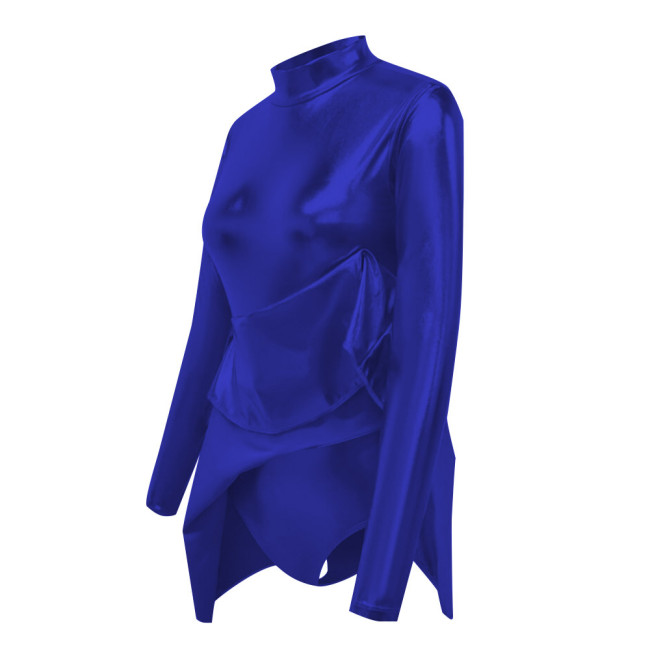 Shiny Metallic Sissy Bodysuit with Skirted Cross-dresser Party Long Sleeve Turtleneck A-Line Flared Dress Rompers Unisex Cosplay
