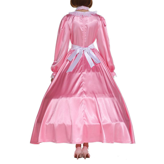 French Sissy Long Maid Dress Crossdress Lace Frill Maxi Maid Uniforms Party Round Neck Satin Dress with Apron Cosplay Costume