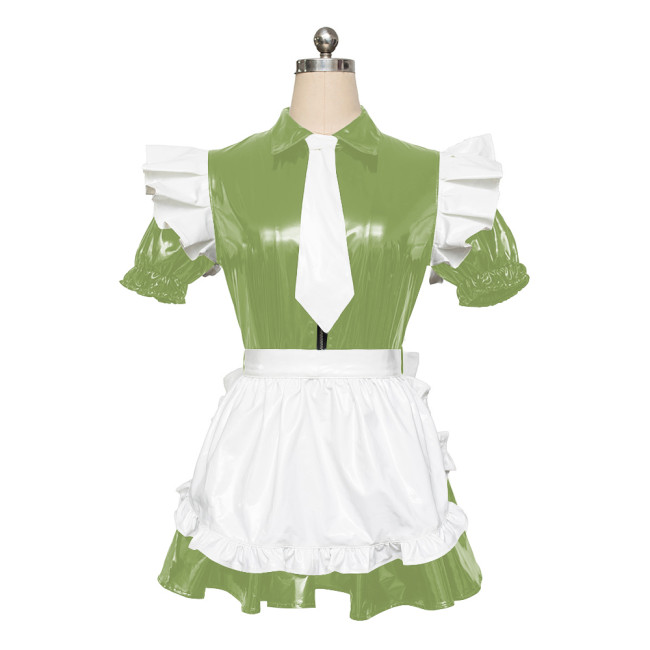 Maid PVC Leather Short Sleeve Slim Fit Pleated Mini Dress Adult Sex Costume for Role Play Cosplay Sissy Mens Maid Sets