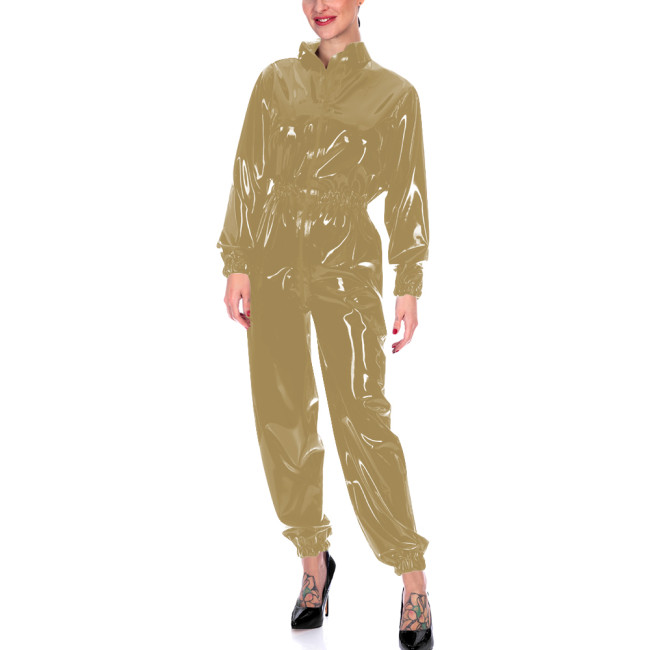 Faux Leather Long Sleeves Jumpsuits for Women High Waist Bodycon One Piece Overalls Stretch Slim Latex Look Catsuit Fetish Wear
