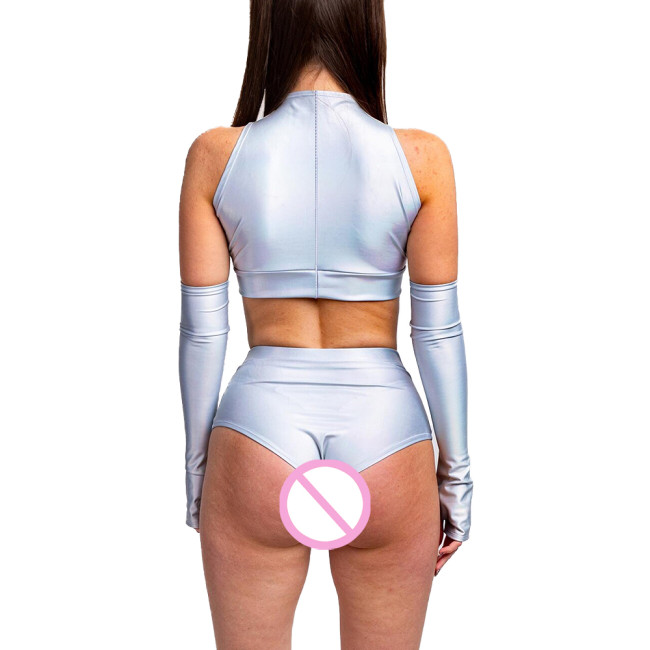 Summer 3 Piece Set Women Sexy Club Sleeveless Bodycon Crop Top PU Leather Low Waist Sexy Panties Stage Apparel Exotic Sets 7XL