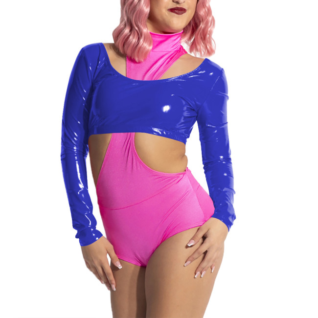 Women Scoop Neck Open Back Short Top for Raves Party Costumes Long Sleeve Vinyl Backless Top Sexy Shiny PVC Leather Crop Tee