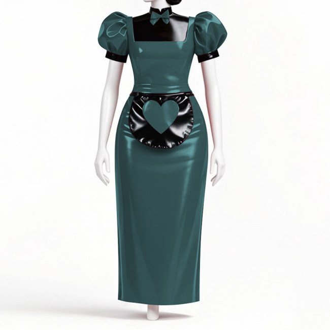 Japanese Anime Sweet Lolita Maid Dress Outfits Mens Womens Waitress Maid Uniforms Wetlook PVC Leather Long Cosplay Dress Sets