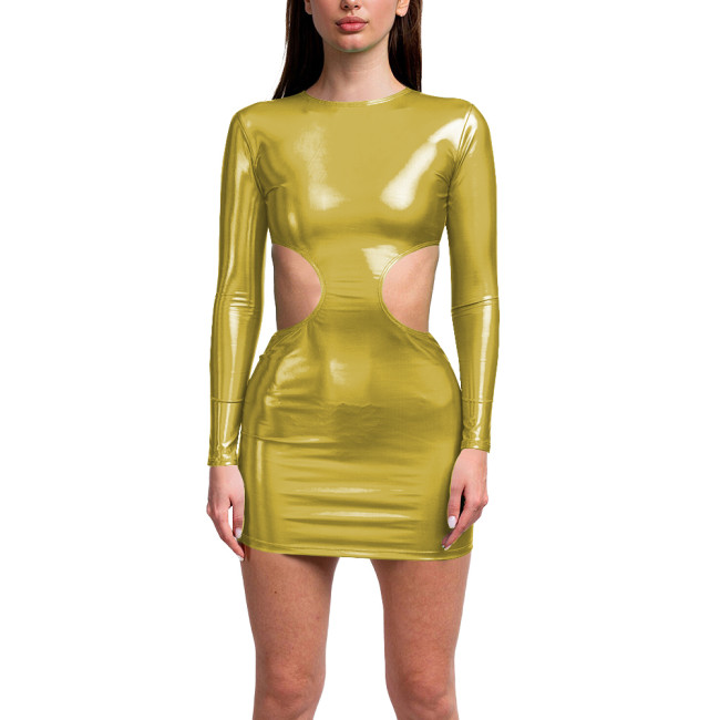 Exotic Long Sleeves Bodycon Hollow Out Sexy Holographic Laser Dress Women O Neck Slim Fit Hip Wrap Mini Dress Shiny Club Outfits