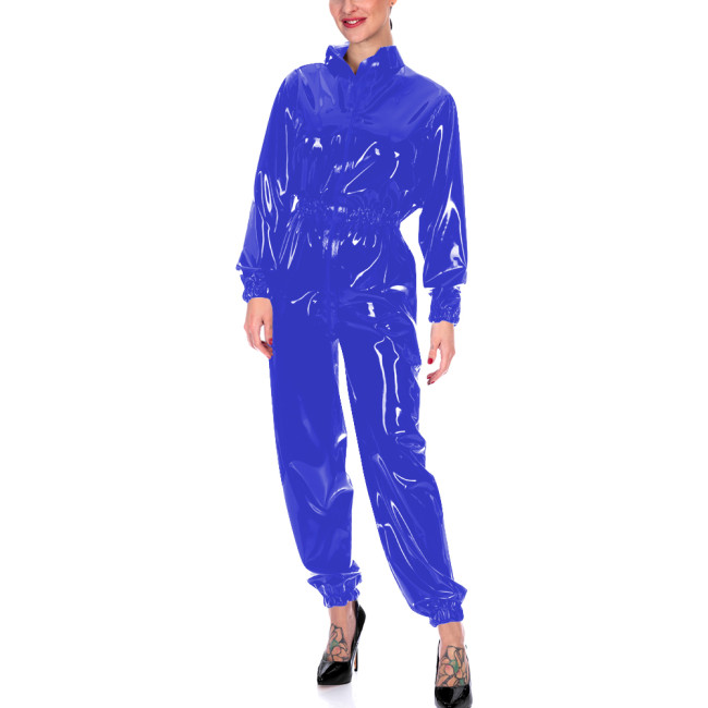 Faux Leather Long Sleeves Jumpsuits for Women High Waist Bodycon One Piece Overalls Stretch Slim Latex Look Catsuit Fetish Wear