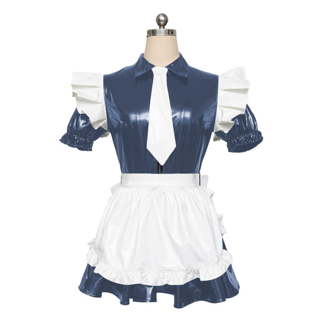 Maid PVC Leather Short Sleeve Slim Fit Pleated Mini Dress Adult Sex Costume for Role Play Cosplay Sissy Mens Maid Sets