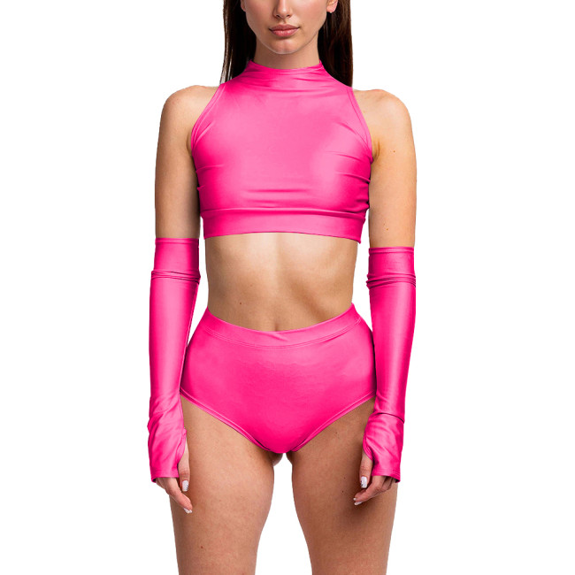 Summer 3 Piece Set Women Sexy Club Sleeveless Bodycon Crop Top PU Leather Low Waist Sexy Panties Stage Apparel Exotic Sets 7XL