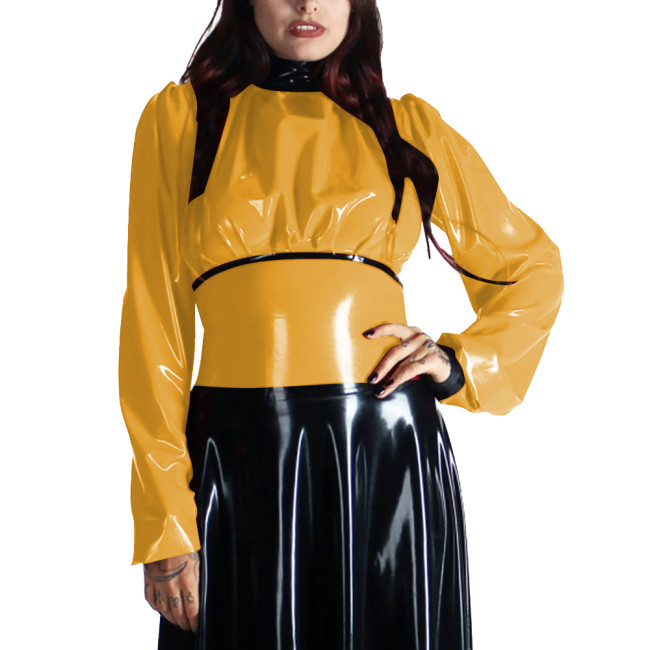Turtleneck PVC Leather Patchwork Shirts for Women Clothes Long Sleeves Bodycon Back Zipper Slim Fit T-Shirts Office Ladies Tops