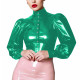Women High Neck PVC Shiny Leather Shirts Single Breasted Solid Color Slim High Street T-shirts Puff Long Sleeve Female Blouse