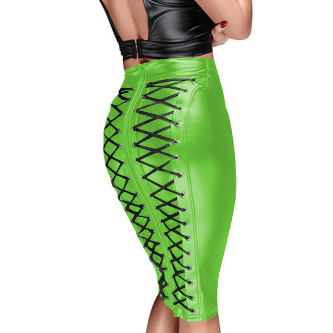 Matte PU Leather Solid Color Women Skirt Sexy Zipper Back Bandage Pencil Club Skirts Raves Party Sissy High Waist Bodycon Skirt
