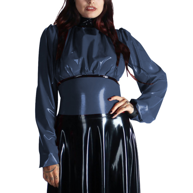 Turtleneck PVC Leather Patchwork Shirts for Women Clothes Long Sleeves Bodycon Back Zipper Slim Fit T-Shirts Office Ladies Tops
