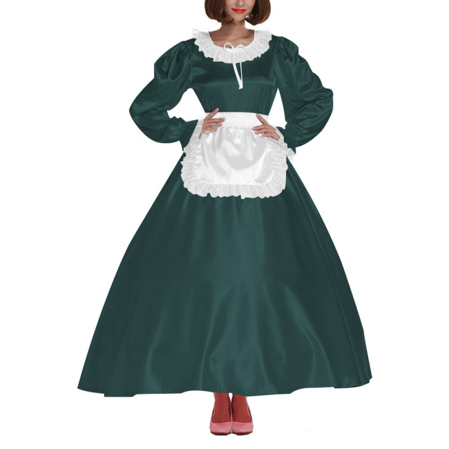 French Sissy Long Maid Dress Crossdress Lace Frill Maxi Maid Uniforms Party Round Neck Satin Dress with Apron Cosplay Costume