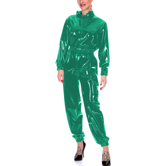 Faux Leather Long Sleeves Jumpsuits for Women High Waist Bodycon One Piece Overalls Stretch Slim Latex Look Catsuit Fetish Wear