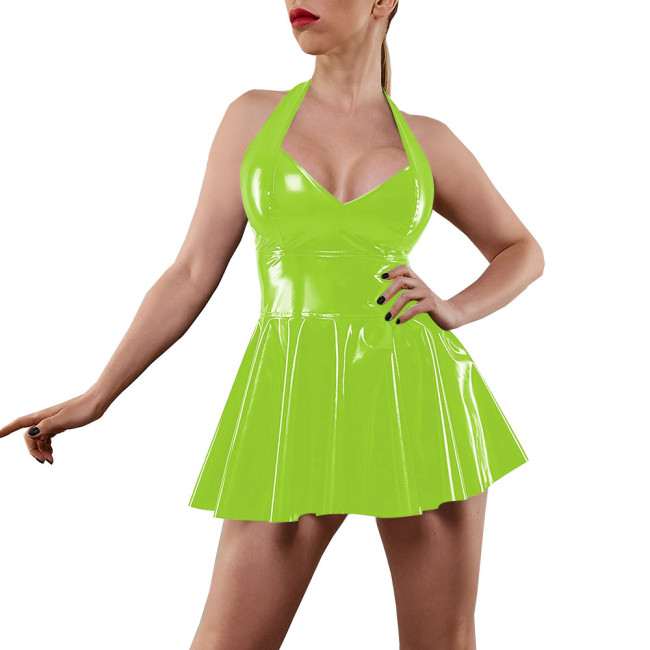 Shiny PVC Leather Sundress for Womens Glossy Party Swing Pleated Mini Dress Lady Sexy Halter Backless A-line Dress Evening Gown