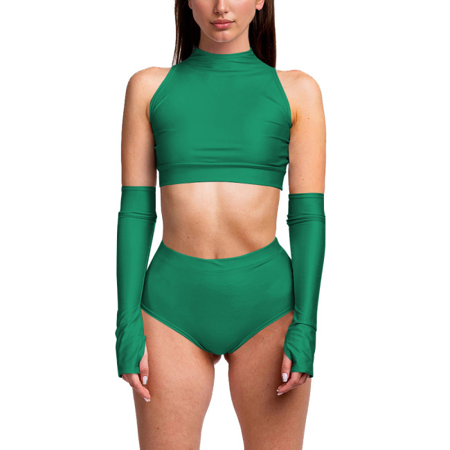 Summer 3 Piece Set Women Sexy Club Sleeveless Bodycon Crop Top PU Leather Low Waist Sexy Panties Stage Apparel Exotic Sets 7XL