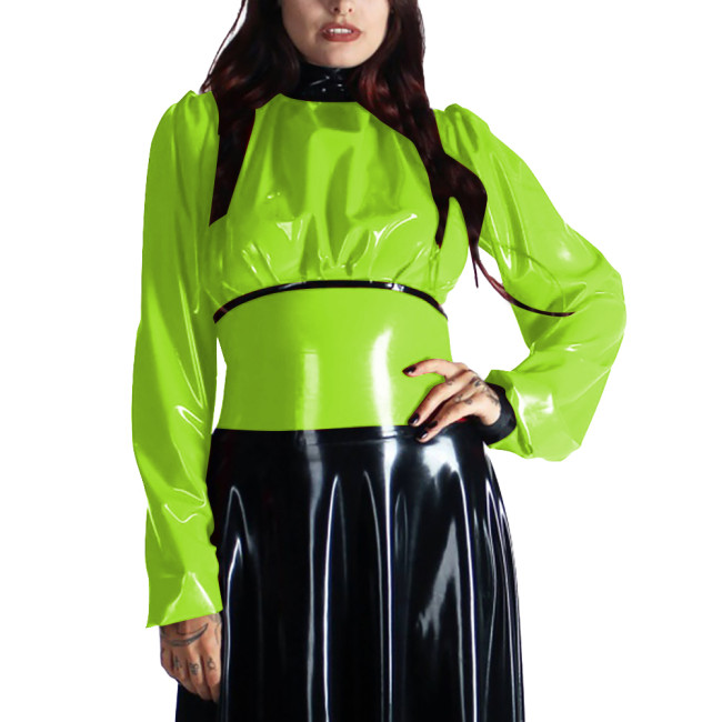 Turtleneck PVC Leather Patchwork Shirts for Women Clothes Long Sleeves Bodycon Back Zipper Slim Fit T-Shirts Office Ladies Tops