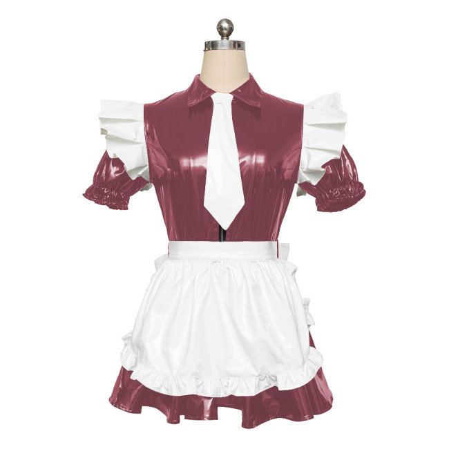 Maid PVC Leather Short Sleeve Slim Fit Pleated Mini Dress Adult Sex Costume for Role Play Cosplay Sissy Mens Maid Sets