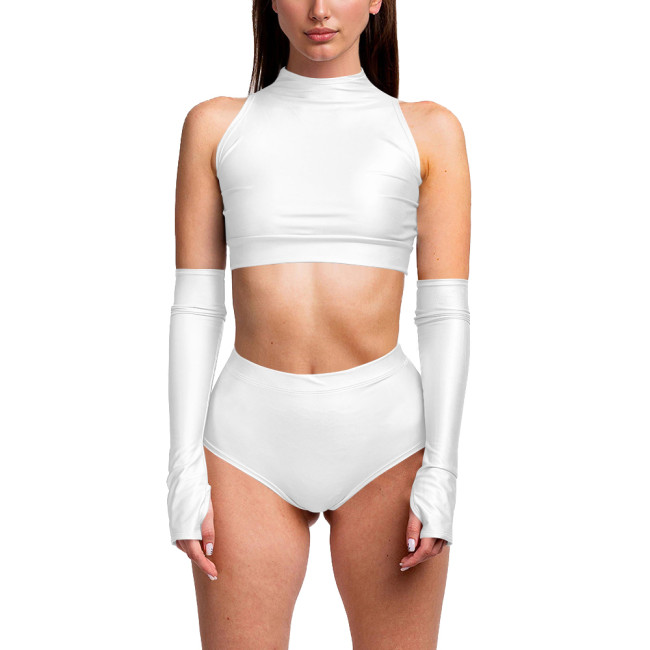 Summer 3 Piece Set Women Sexy Club Sleeveless Bodycon Crop Top PU Leather Low Waist Sexy Panties Stage Apparel Exotic Sets 7XL
