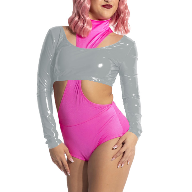 Women Scoop Neck Open Back Short Top for Raves Party Costumes Long Sleeve Vinyl Backless Top Sexy Shiny PVC Leather Crop Tee