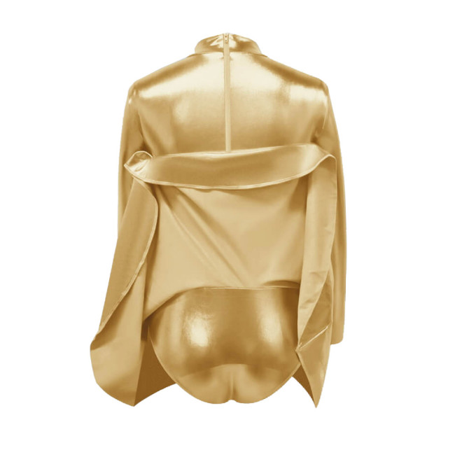 Shiny Metallic Sissy Bodysuit with Skirted Cross-dresser Party Long Sleeve Turtleneck A-Line Flared Dress Rompers Unisex Cosplay