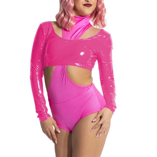 Women Scoop Neck Open Back Short Top for Raves Party Costumes Long Sleeve Vinyl Backless Top Sexy Shiny PVC Leather Crop Tee