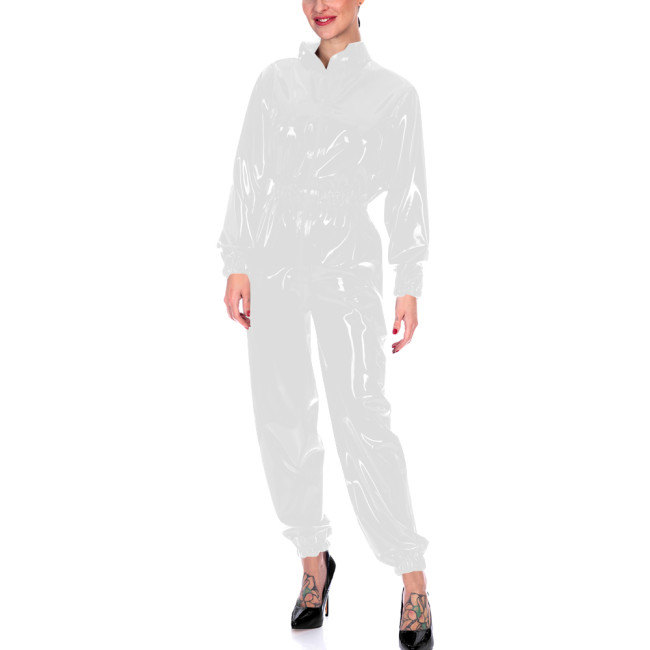 Faux Leather Long Sleeves Jumpsuits for Women High Waist Bodycon One Piece Overalls Stretch Slim Latex Look Catsuit Fetish Wear