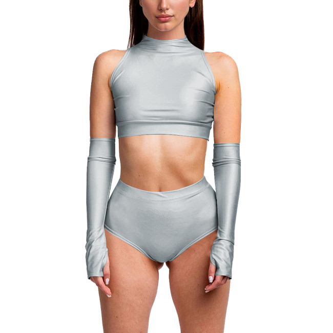 Summer 3 Piece Set Women Sexy Club Sleeveless Bodycon Crop Top PU Leather Low Waist Sexy Panties Stage Apparel Exotic Sets 7XL