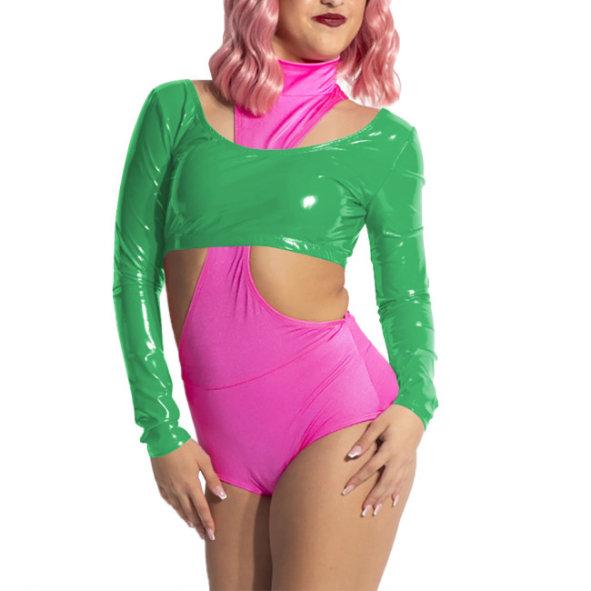 Women Scoop Neck Open Back Short Top for Raves Party Costumes Long Sleeve Vinyl Backless Top Sexy Shiny PVC Leather Crop Tee