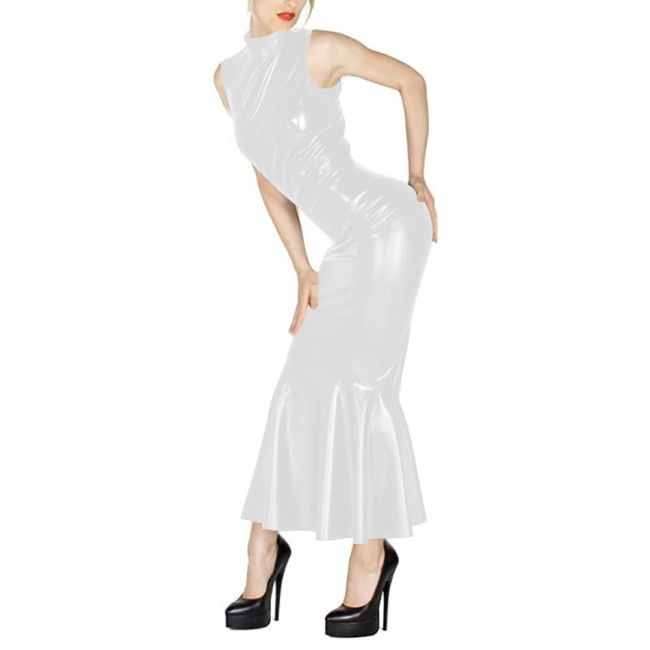 Summer Mock Neck Bodycon Elegant Evening Dress Vinyl PVC Leather  Sleeveless Maxi Dresses Wetlook Female Mermaid Gown Vestidos