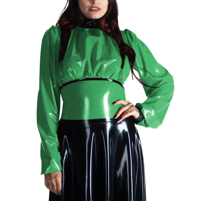 Turtleneck PVC Leather Patchwork Shirts for Women Clothes Long Sleeves Bodycon Back Zipper Slim Fit T-Shirts Office Ladies Tops