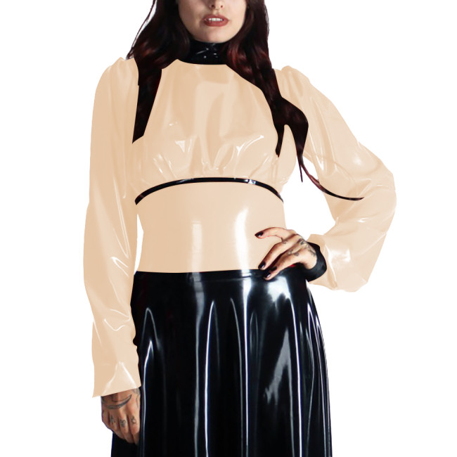 Turtleneck PVC Leather Patchwork Shirts for Women Clothes Long Sleeves Bodycon Back Zipper Slim Fit T-Shirts Office Ladies Tops