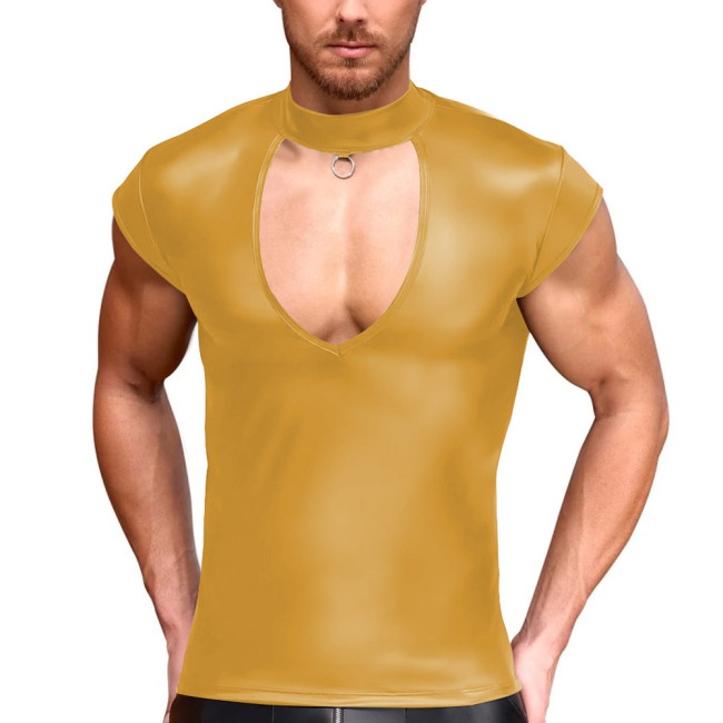 Men's Matte Faux Leather T-Shirt Solid Color Tight Turtleneck Hollow Out Tops Party Male Blouse Men Clothing Sexy Streetwear