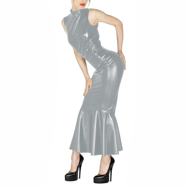 Summer Mock Neck Bodycon Elegant Evening Dress Vinyl PVC Leather  Sleeveless Maxi Dresses Wetlook Female Mermaid Gown Vestidos