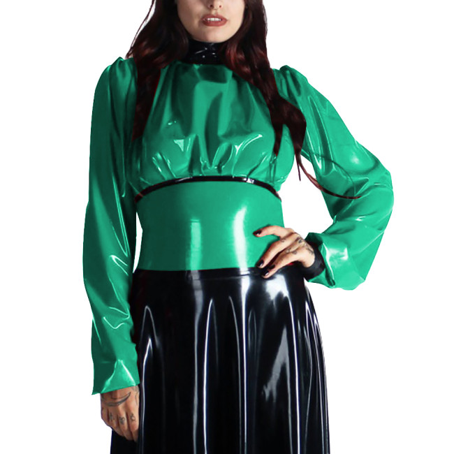 Turtleneck PVC Leather Patchwork Shirts for Women Clothes Long Sleeves Bodycon Back Zipper Slim Fit T-Shirts Office Ladies Tops