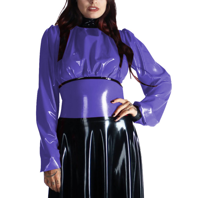 Turtleneck PVC Leather Patchwork Shirts for Women Clothes Long Sleeves Bodycon Back Zipper Slim Fit T-Shirts Office Ladies Tops