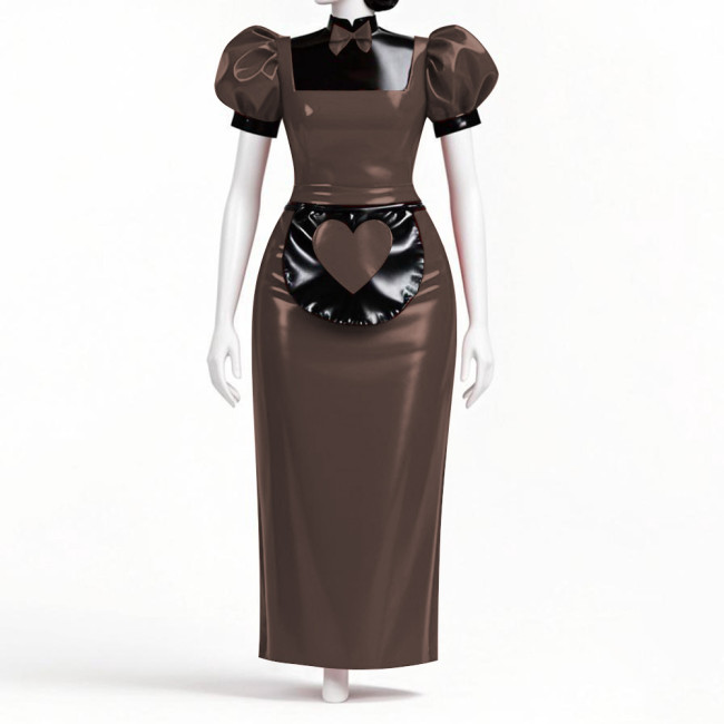 Japanese Anime Sweet Lolita Maid Dress Outfits Mens Womens Waitress Maid Uniforms Wetlook PVC Leather Long Cosplay Dress Sets