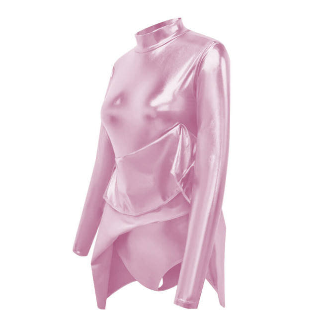 Shiny Metallic Sissy Bodysuit with Skirted Cross-dresser Party Long Sleeve Turtleneck A-Line Flared Dress Rompers Unisex Cosplay