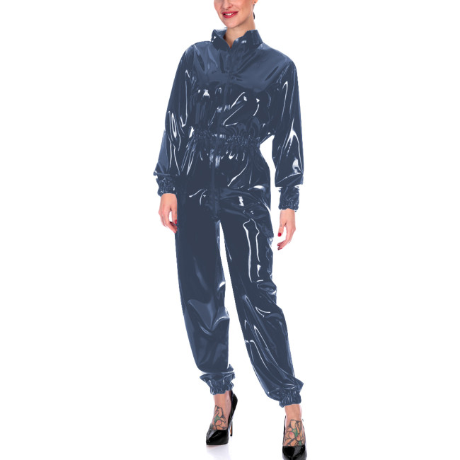 Faux Leather Long Sleeves Jumpsuits for Women High Waist Bodycon One Piece Overalls Stretch Slim Latex Look Catsuit Fetish Wear