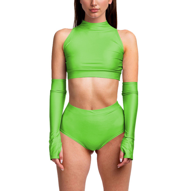 Summer 3 Piece Set Women Sexy Club Sleeveless Bodycon Crop Top PU Leather Low Waist Sexy Panties Stage Apparel Exotic Sets 7XL
