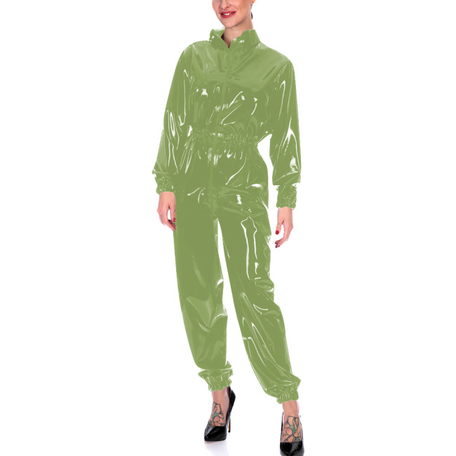Faux Leather Long Sleeves Jumpsuits for Women High Waist Bodycon One Piece Overalls Stretch Slim Latex Look Catsuit Fetish Wear