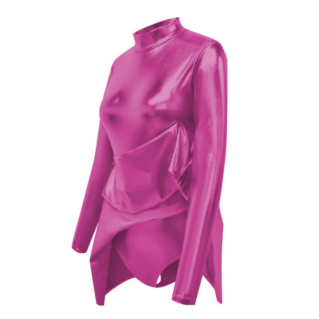 Shiny Metallic Sissy Bodysuit with Skirted Cross-dresser Party Long Sleeve Turtleneck A-Line Flared Dress Rompers Unisex Cosplay