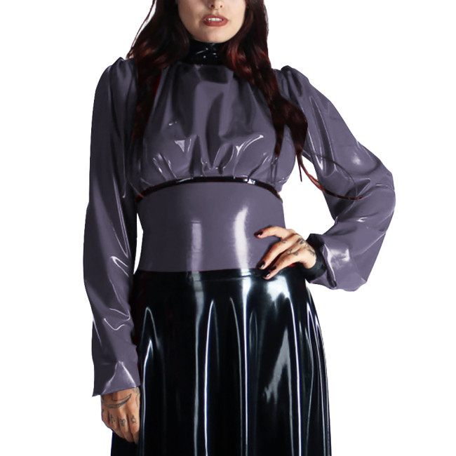 Turtleneck PVC Leather Patchwork Shirts for Women Clothes Long Sleeves Bodycon Back Zipper Slim Fit T-Shirts Office Ladies Tops